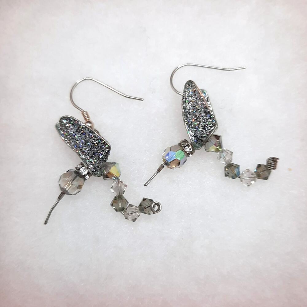 Whimsical Winged Hummingbird Earrings Dangle Handmade Beaded Crystals Feminine